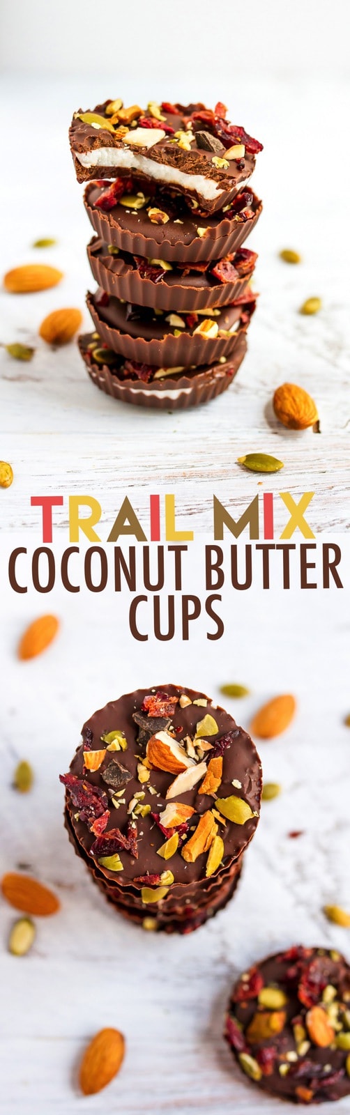 Easy 4-ingredient trail mix coconut butter cups that are vegan, gluten-free and paleo-friendly.