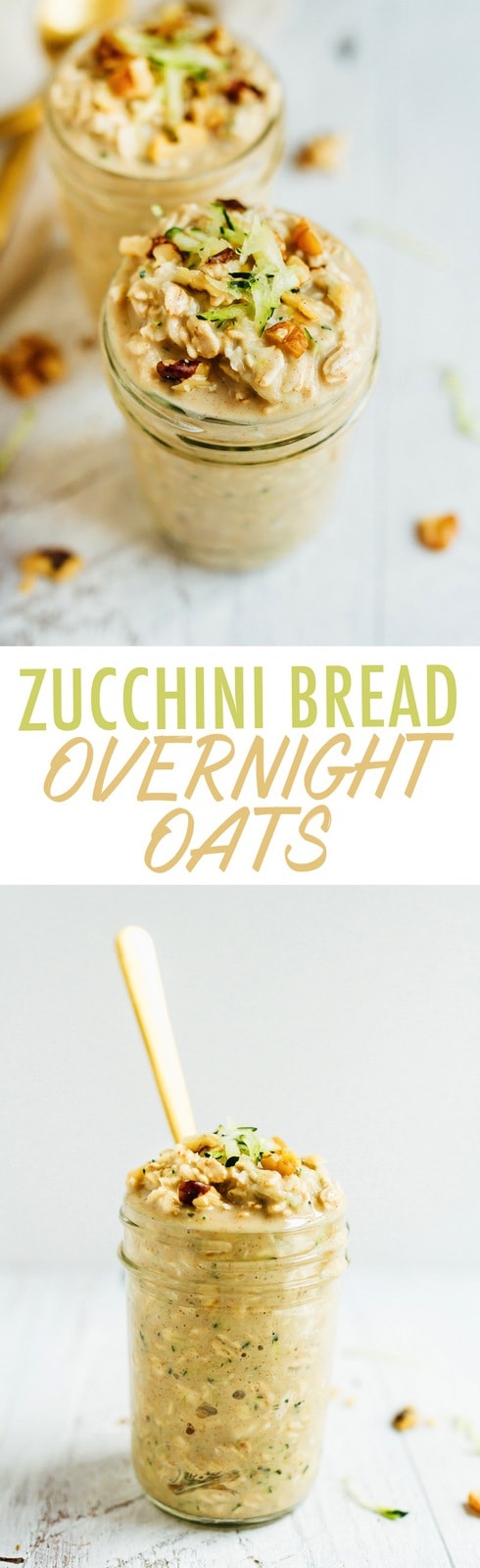 Zucchini bread overnight oats make for an easy and healthy portable breakfast. Made with oats, protein powder, grated zucchini and walnuts, these overnight oats are vegan and gluten-free. 