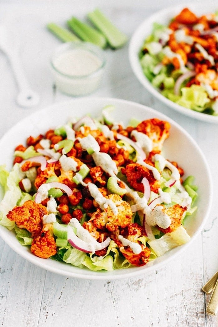 VEGAN Buffalo Cauliflower Salad with Creamy Cashew Ranch Dressing