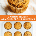 Carrot raisin almond flour muffin in a cupcake liner and in a muffin tray.