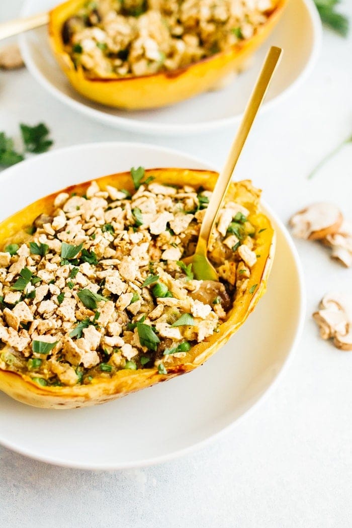 Spaghetti squash tuna noodle casserole boats // gluten-free, dairy-free, low-carb and paleo!