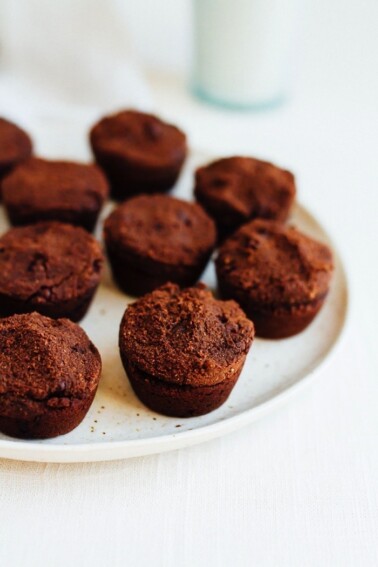 Brownie bites on a white plate.