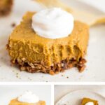 Pumpkin pie bars on a plate, some stacked, and one with a bite taken out of it.