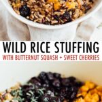 Bowl of wild rice stuffing and a pot with wild rice, butternut squash cutes and dried cherries.