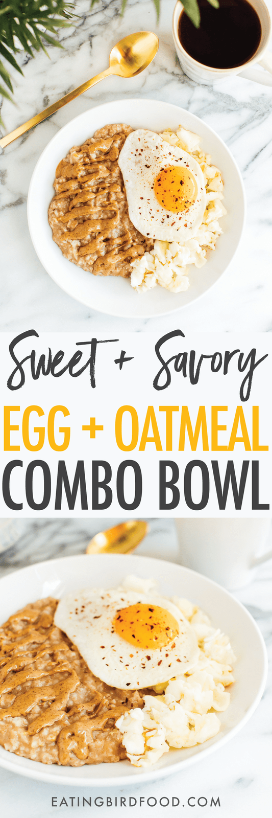 Having eggs and oats for breakfast? Put them in one bowl for a sweet + savory egg and oatmeal bowl that offers the perfect balance of protein, carbs and fat! Added bonus, there's only one serving dish to wash!