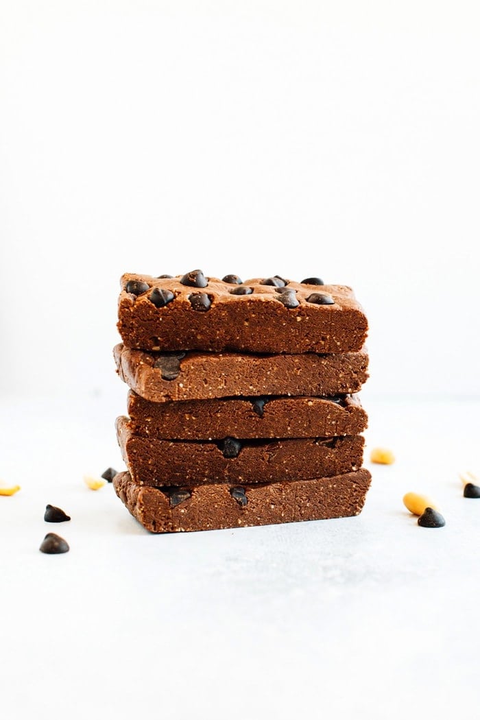 Stack of Homemade Chocolate Peanut Butter Protein Bars