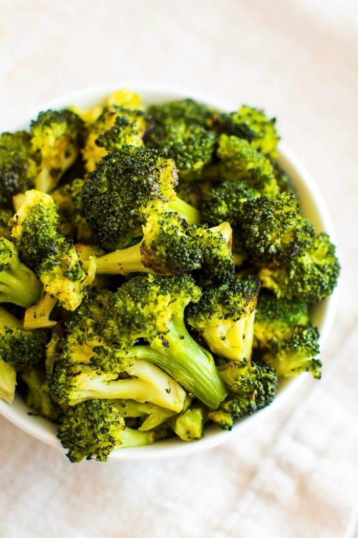 Roasted frozen broccoli in a bowl