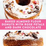 Healthy baked almond flour donut with dark chocolate and rose petals in a stack.