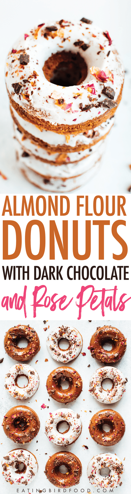 Perfect for Valentine’s Day, these baked almond flour donuts with rose petals and dark chocolate are gluten-free, dairy-free and naturally sweetened with coconut sugar.