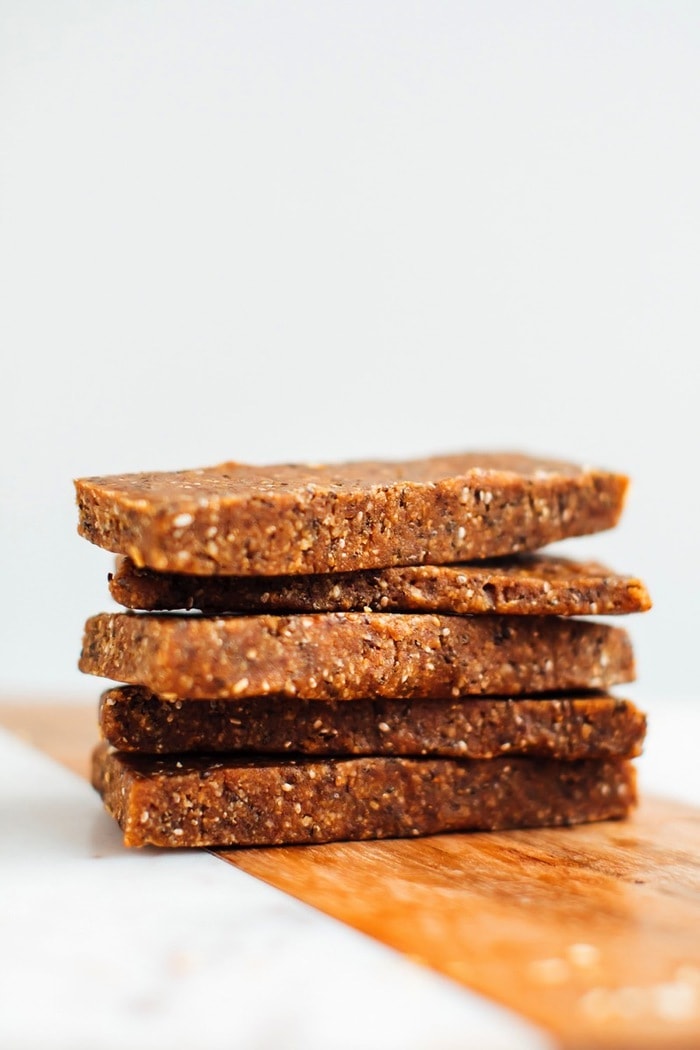 Stack of toasted coconut chia bars made with 7 simple ingredients. 