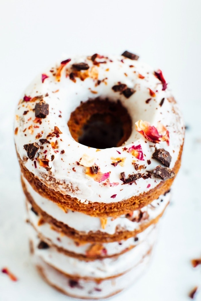 Perfect for Valentine’s Day, these baked almond flour donuts with rose petals and dark chocolate are gluten-free, dairy-free and naturally sweetened with coconut sugar. 