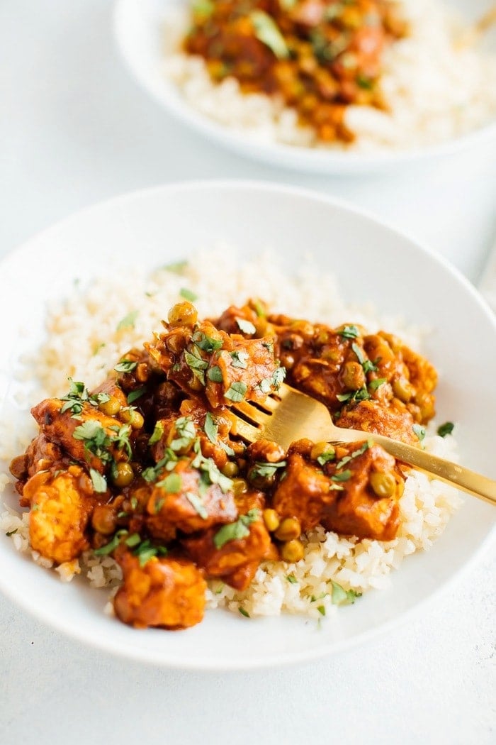 Vegan Tempeh Tikka Masala up close with a fork