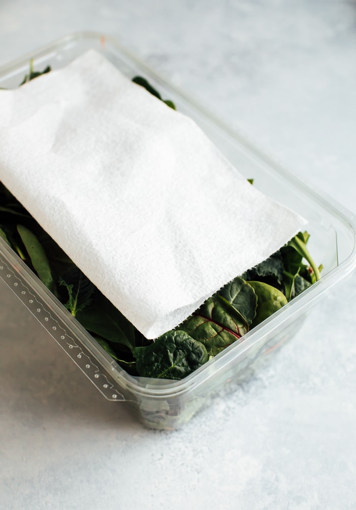 Plastic clam-shell container with baby greens and a paper towel on top. 