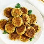 Polka dot plate with homemade vegan falafel.