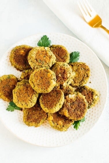 Polka dot plate with homemade vegan falafel.