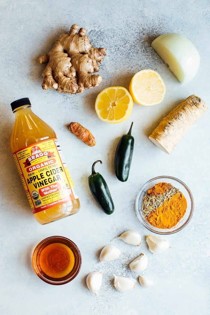 All the ingredients needed to make homemade fire cider. All the ingredients needed to make homemade fire cider.