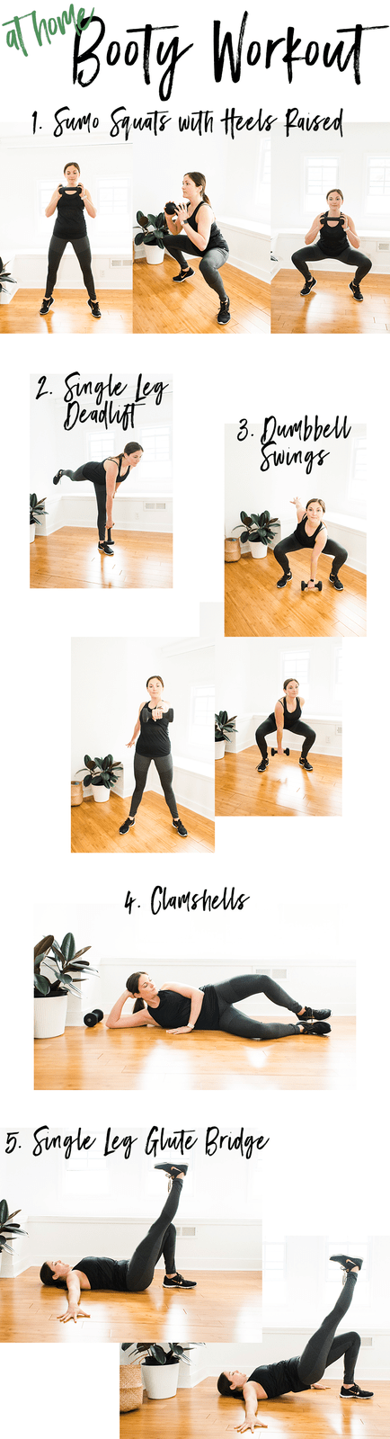An at home booty workout collage with images of each move. 