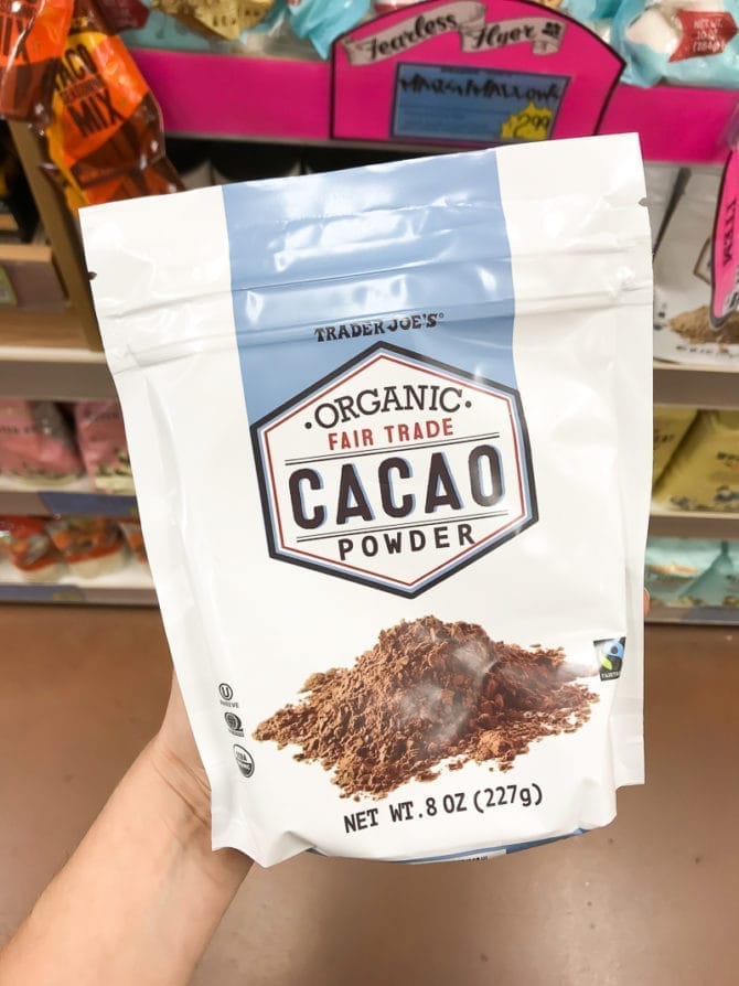 Package of organic fair trade cacao powder.
