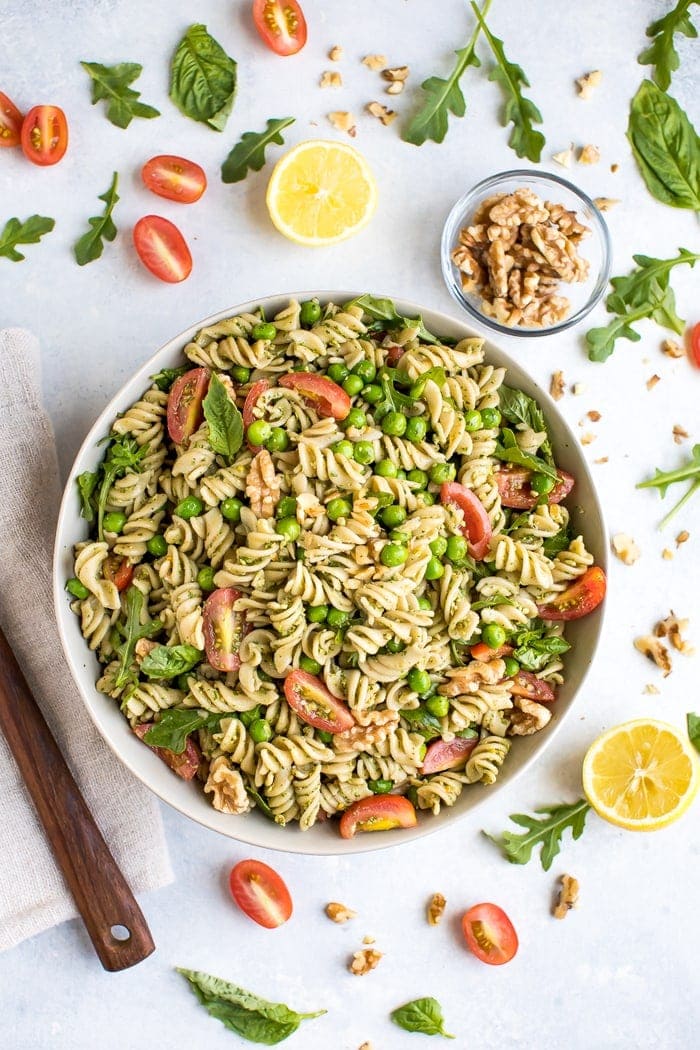 Overhead shot of the finished walnut pesto pasta salad. 