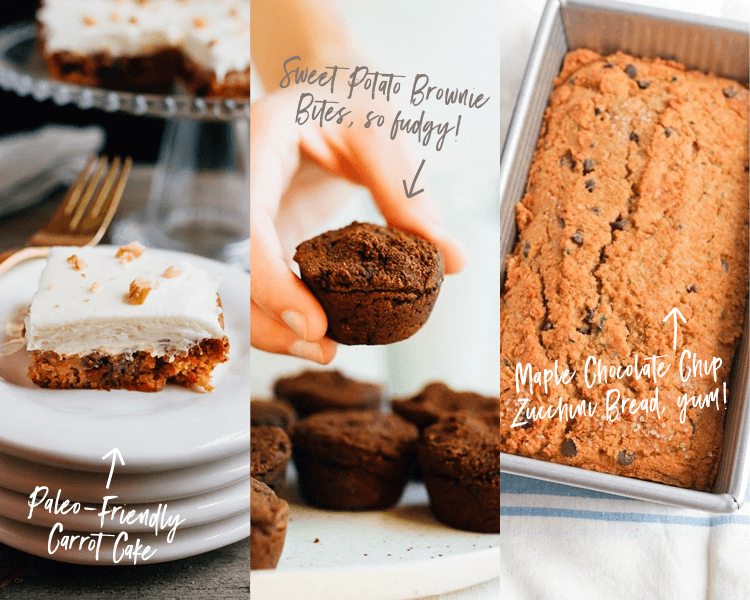 Three photos collaged together. The first image is a slice of paleo carrot cake with cream cheese frosting, the second a hand holing a sweet potato brownie bite, the third a loaf of chocolate chip zucchini bread.