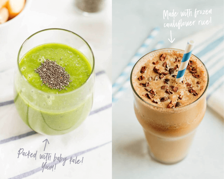 Two smoothies in glasses. One is a green pineapple smoothie, the other is a chocolate malted cauliflower smoothie.