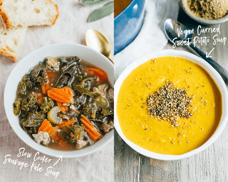 Two bowls of soup. One kale and sausage, one curried sweet potato soup topped with hemp seeds.