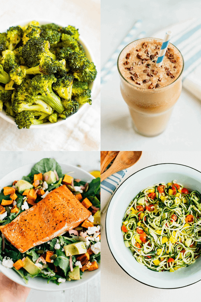 Four photos in a collage. Top left, a bowl of roasted broccoli, top right, a glass of a chocolate malt smoothie, bottom left, a plate with a salmon salad, bottom right, a bowl with zucchini noodle spaghetti salad.