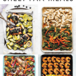 Collage our sheet pan meals in a grid, texts reads "21 Healthy Sheet Pan Meals"