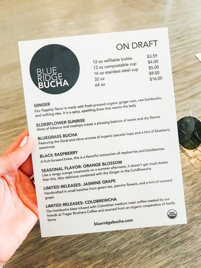 A hand holding a blue ridge bucha menu.