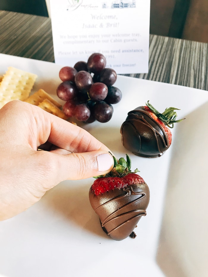 Hand picking up a chocolate covered strawberry from a white plate with grapes and crackers.