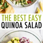 Bowl of quinoa salad with feta, spinach and tomatoes. Second photo is a mixing bowl with avocado onion, quinoa, spinach, feta and tomatoes before being mixed.