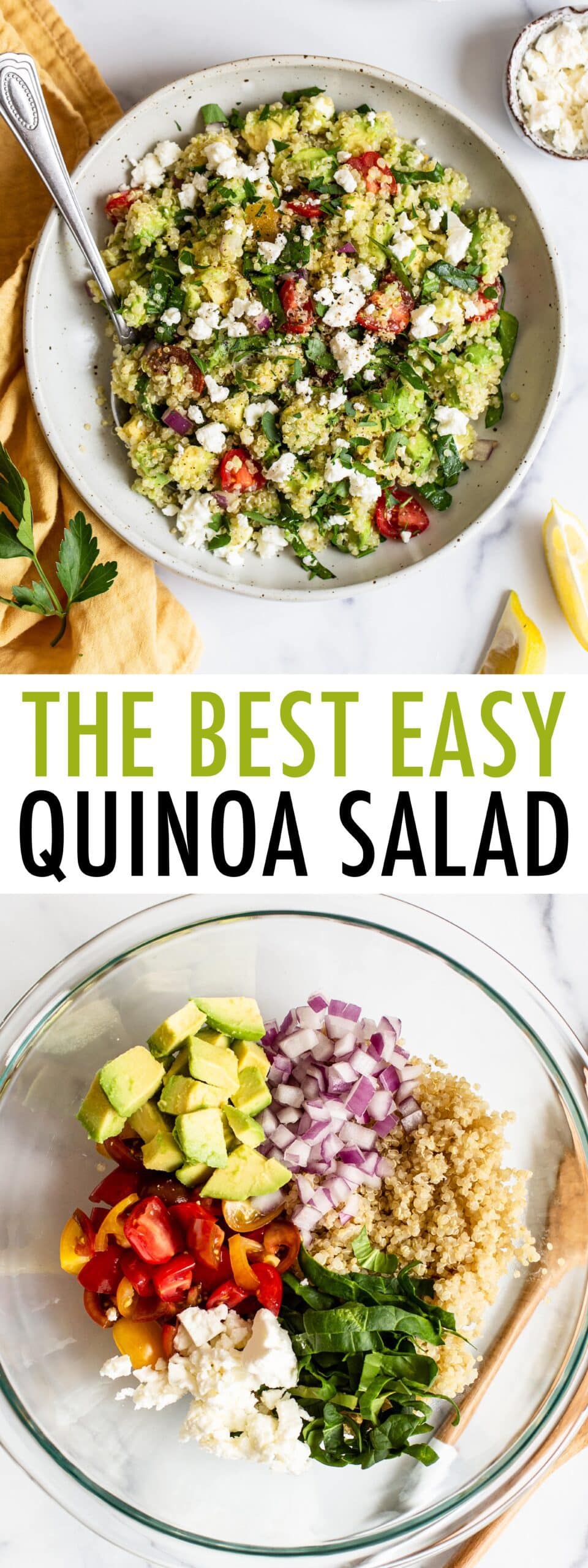 Bowl of quinoa salad with feta, spinach and tomatoes. Second photo is a mixing bowl with avocado onion, quinoa, spinach, feta and tomatoes before being mixed.