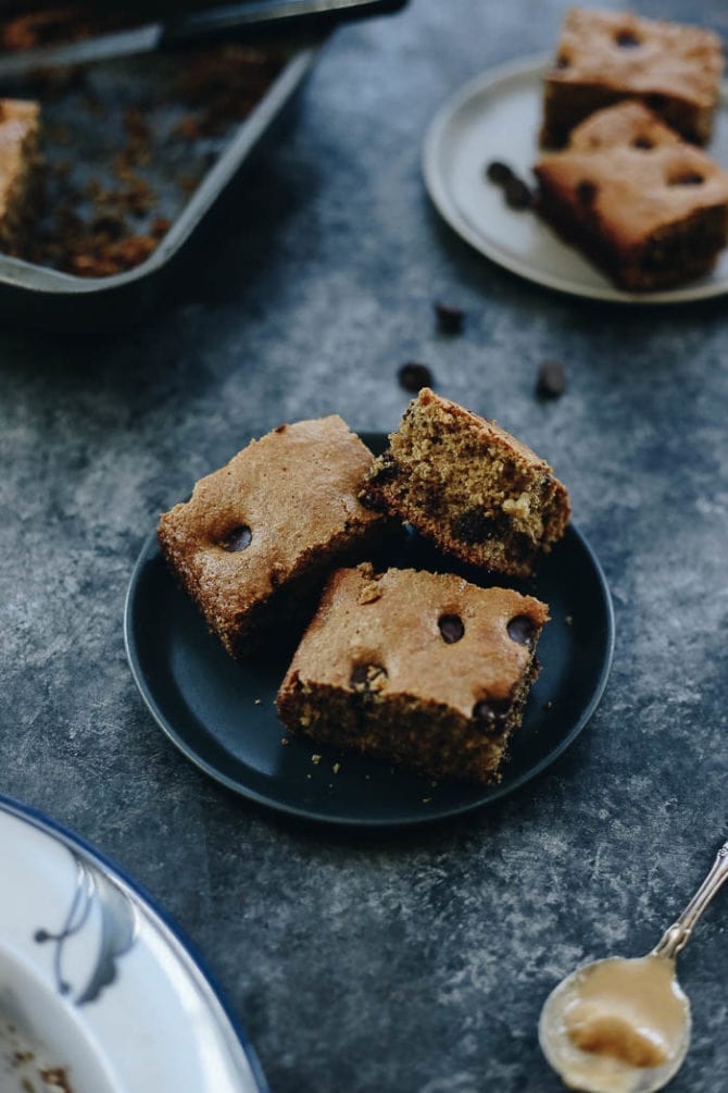 3 Chocolate Chip Tahini Bars on a plate.