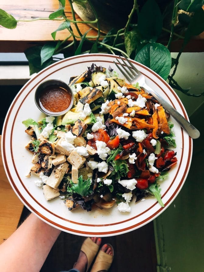 PIN THIS--> A Trip to York, ME and Portland, ME Plate with a tofu salad, topped with veggies and cheese crumbles.