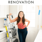 Woman standing in a partially renovated kitchen, leaving on a ladder. Text above reads "Healthy Eating During a Kitchen Renovation"
