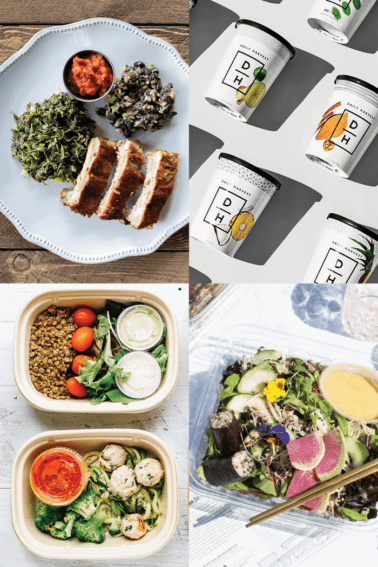 4 photos collaged together of different healthy meal delivery items.