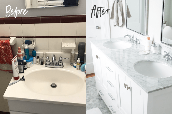 Before and after bathroom sink side-by-side. Before sink is cluttered and has maroon and white tile backsplash. After sinks are a double vanity with white cabinets and grey and white marble top.