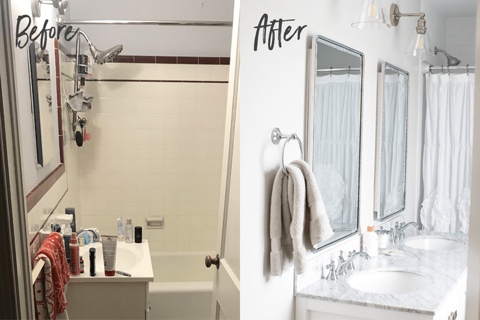 Before and after side-by-side of a sink and shower. Before sink is cluttered and the shower walls are maroon and white tile. The after bathroom is bright and white with a double vanity and two mirrors, and new lights and white shower curtain.