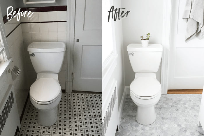 Before and after side by side toilets. Before toilet has a maroon and white tile floor and wall. After, the walls are light grey and the floor has marble hexagon tiles.