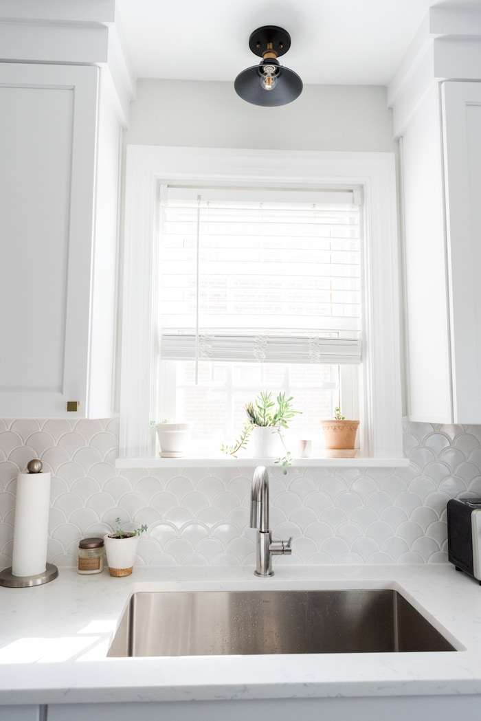 Metal sink in a white kitchen with a window and 3 plants behind.