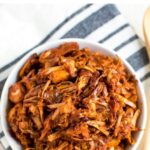 Bowl of pulled BBQ jackfruit.