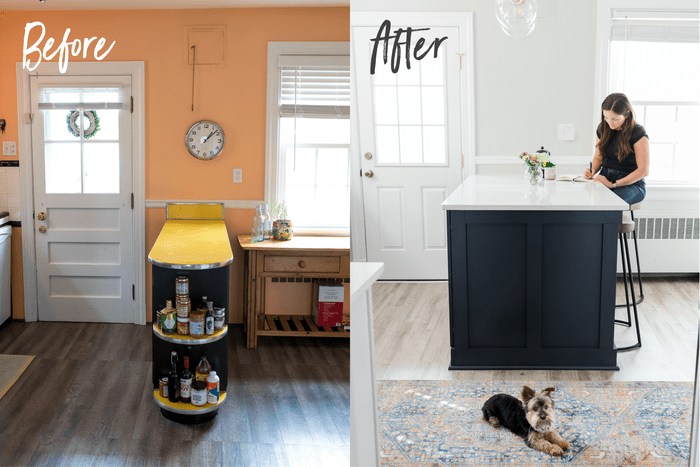 Before and after side-by-side photos of a kitchen. The before has orange walls and a yellow counter top. After is a light grey wall and a navy bar counter top. A woman sits on a stool, and a dog is on the rug.