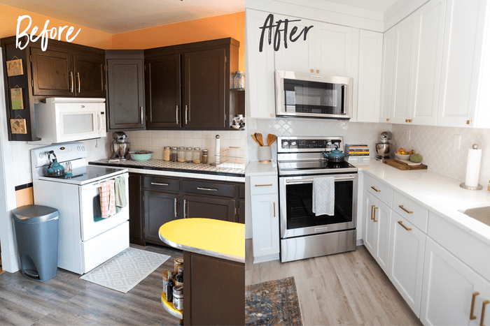 Before and after kitchen photos. Before the stove is white, the cabinets are dark and the walls are orange. After, the kitchen is white with a chrome stove and microwave, and a scalloped backsplash.