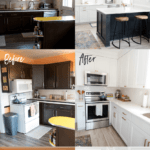 Collage of before and after kitchen renovation photos.