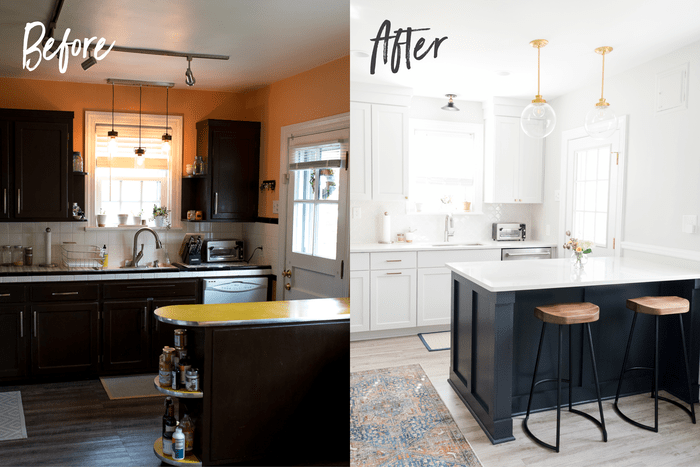 Before and after photos of a kitchen. Before the cabinets are dark, and the walls are orange. After the cabinets are white and the walls are white-grey. There are wooden bar stools at a navy and marble counter.