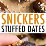 Photos of a chocolate covered snickers stuffed date cut open so you can see the peanuts and peanut butter inside.