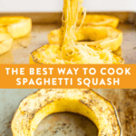 Roasted spaghetti squash on a fork, and slice on a baking sheet.