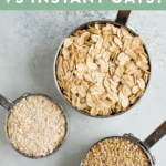Three measuring cups with steel cut oats, rolled oats, and quick oats. What is the difference between these oats?