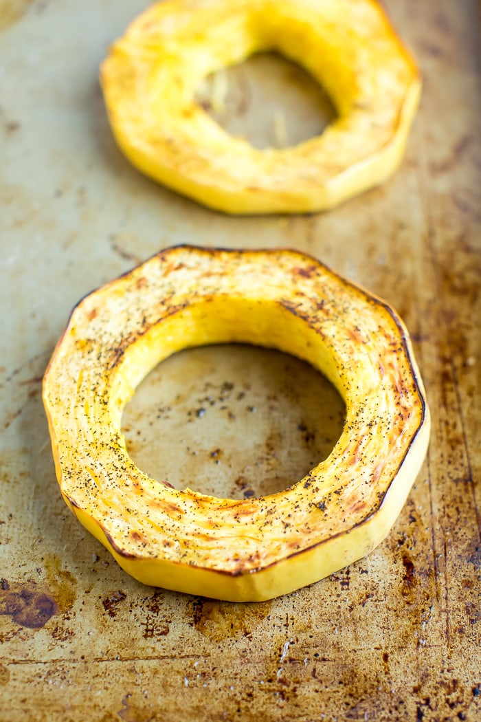 Sliced and roasted spaghetti squash.