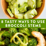 Bowl of broccoli stems, and a broccoli noodle stir fry with shrimp.